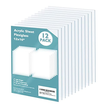 Plexiglass Sheets Acrylic Sheets 12 Pack of 12x16’’ 0.04 Thick Clear Plastic Cast Transparent Plexi Glass for Crafting Projects (12 Count)