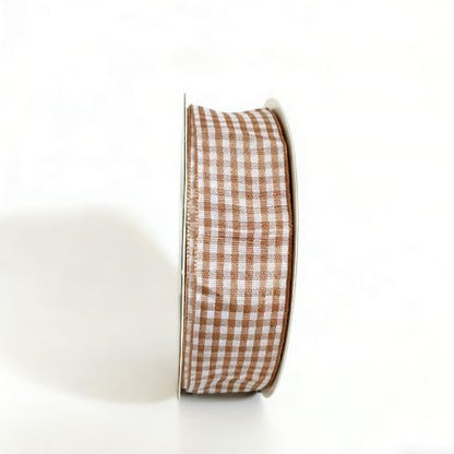 Khaki and White Woven Edge Plaid Checkered Bufflo Ribbon 100% Polyester Gingham Ribbon 25 Yards Each Roll (75 Foot)
