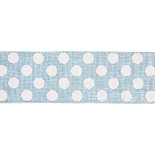 Blue Burlap Ribbon 2.5 Inch with White Polka Dot Blue White Wired Ribbon for Baby Boy Wreaths and Showers (30 Foot)