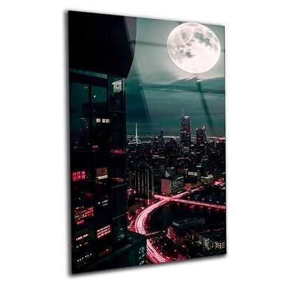 Moon And City Glass Wall Art Painting for Living Room