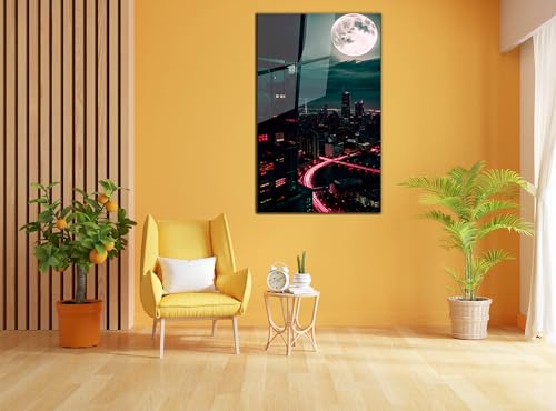 Moon And City Glass Wall Art Painting for Living Room