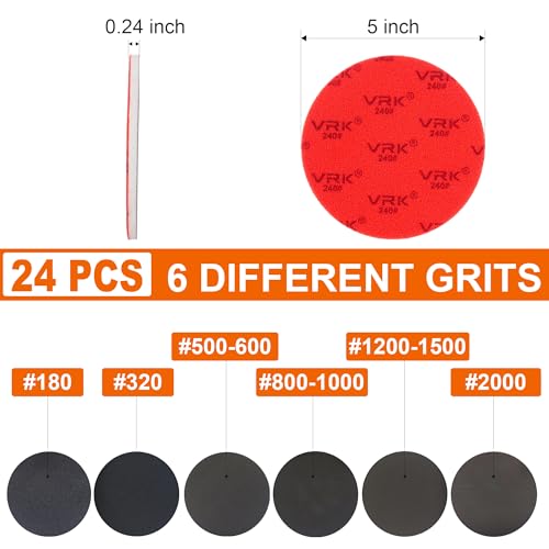 24 PCS 5 Inch Hook and Loop Sanding Sponge Discs Set 180 to 2000 Grit (24 Count)