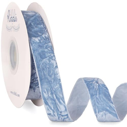 Dusty Blue Velvet Ribbon 1 Inches Luxury Crinkled Blue Christmas Ribbon for Gift Wrapping Crafts Home Decor