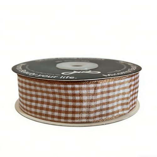 Khaki and White Woven Edge Plaid Checkered Bufflo Ribbon 100% Polyester Gingham Ribbon 25 Yards Each Roll (75 Foot)