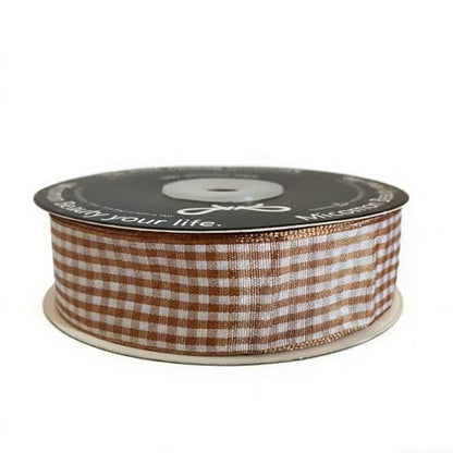 Khaki and White Woven Edge Plaid Checkered Bufflo Ribbon 100% Polyester Gingham Ribbon 25 Yards Each Roll (75 Foot)