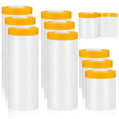 9 Roll Painters Plastic with Tape Pre Taped Masking Film for Painting Automotive Paint Adhesive Protective Film Masking Tape Roll Plastic Painting Covering