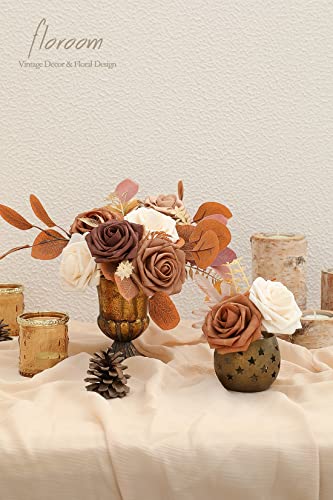 Artificial Flowers 25pcs Real Looking Earth Tones Ombre Colors Foam Fake Roses with Stems for DIY Wedding Bouquets Bridal Shower Floral Centerpieces Party Tables Home Decorations (25 Count)