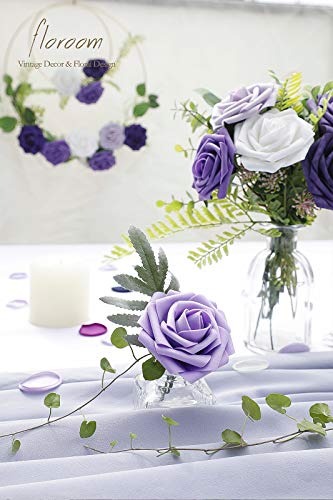 Artificial Flowers 25pcs Real Looking Violet Purple Ombre Colors Foam Fake Roses with Stems for DIY Wedding Bouquets Bridal Shower Centerpieces Party Tables Home Decorations (25 Count)