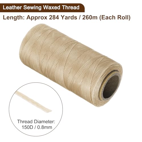 150D 0.8mm Flat Waxed Thread 284 Yards Polyester Leather Sewing Waxed String Hand Stitching Waxed Cord for Leather Stitching Sewing Bookbinding DIY Craft Light Khaki
