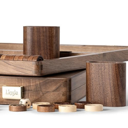 14.5” Premium Natural Walnut Folding Backgammon Sets for Adults and Kids