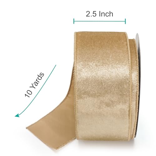 Champagne Gold Velvet Ribbon 2.5 Inch x 10 Yards for Christmas Tree Topper Home Decoration Wreath Gift Wrapping DIY Craft (30 Foot)
