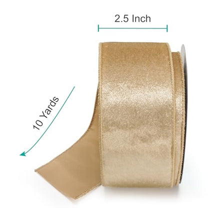 Champagne Gold Velvet Ribbon 2.5 Inch x 10 Yards for Christmas Tree Topper Home Decoration Wreath Gift Wrapping DIY Craft (30 Foot)