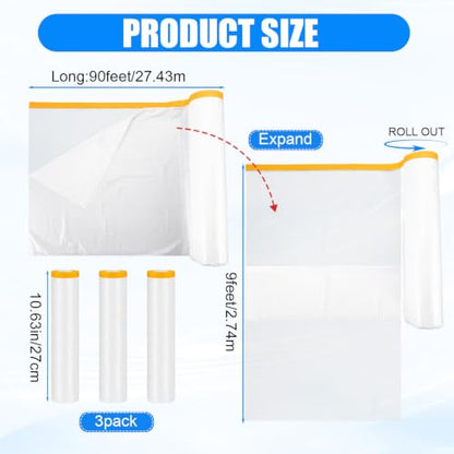 3 Roll Painters Plastic with Tape Pre Taped Masking Film for Painting Automotive Paint Adhesive Protective Film Masking Tape Roll Plastic Painting Covering