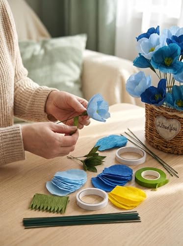 Blue Crepe Paper Poppy Flower DIY Making Kit 24 pcs Easy (24 Count)