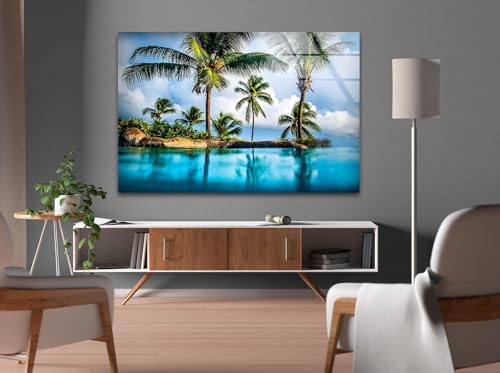 12Wx10H'' Island & Blue Sea Glass Wall ArtTempered Glass Printing Wall Decor Large Wall Art Wall Hangings