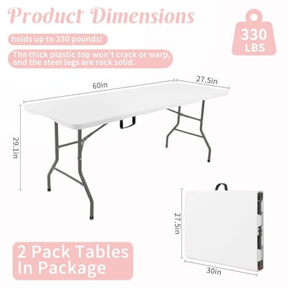2 Pack 5 Feet Portable Folding Table White (2 Count)