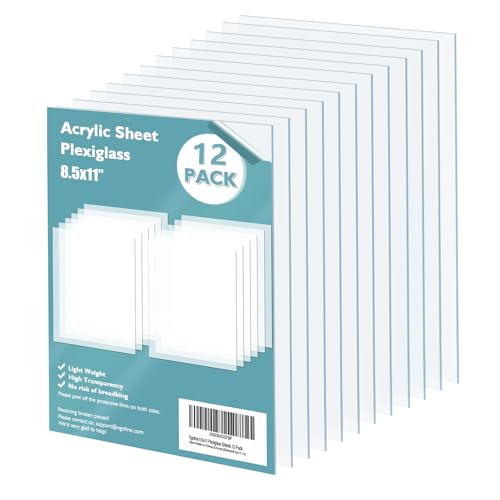 Plexiglass Sheets Acrylic Sheets 12 Pack of 8.5x11’’ 0.04 Thick Clear Plastic Cast Transparent Plexi Glass for Crafting Projects