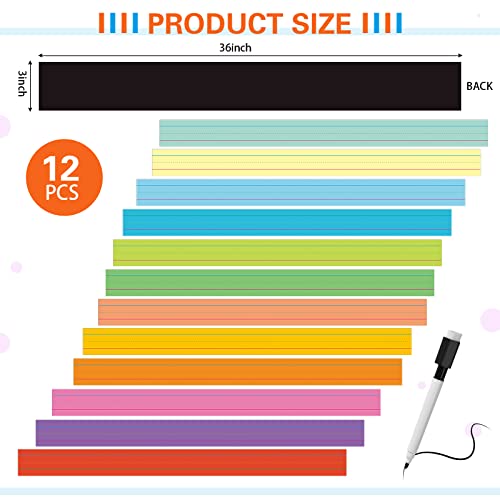12 Pieces Large Magnetic Sentence Strips 3 x 36 inch Dry Erase Sentence Strips Jumbo Multicolor Magnetic Handwriting Paper with Lines for Teacher Whiteboard Classroom School Supplies