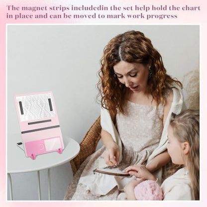 8 Pcs Cross Stitch Accessories and Tools 11.5 x 4.7 Inch Metal Magnet Board Chart Knitting Pattern Holder 2 Bookmark Magnifier with Ruler 1 Bracket 4 Magnet Strips for Crafts Work (8 count)