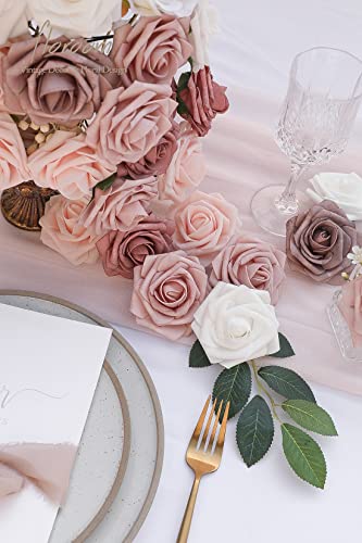 Artificial Flowers 25pcs Real Looking Dusty Rose Ombre Colors Foam Fake Roses with Stems for DIY Wedding Bouquets Bridal Shower Centerpieces Floral Arrangements Party Tables Home Decorations (25 Count)