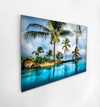 43Wx27H'' Island & Blue Sea Glass Wall ArtTempered Glass Printing Wall Decor Large Wall Art Wall Hangings
