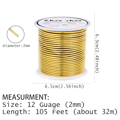 12 Gauge(2mm) Aluminum Wire 35 Yards Anodized Metal Wire for Bonsai Armature Crafting Sculpting Jewelry Craft Making Beading Floral (Gold, 12 Gauge) (105 Foot)