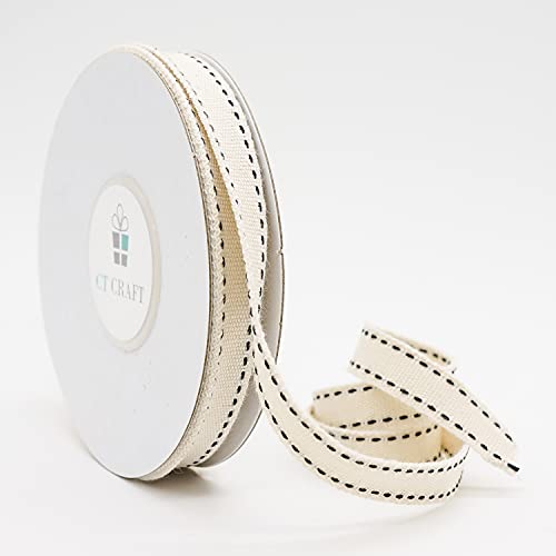 Ivory Cotton Black Stitched Ribbon 3 (30 Foot)