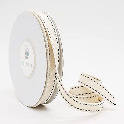 Ivory Cotton Black Stitched Ribbon 3 (30 Foot)