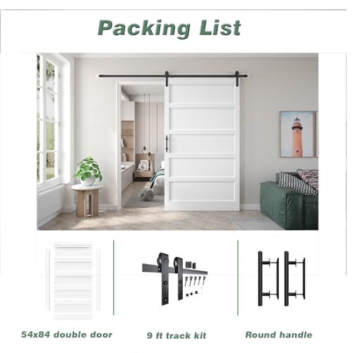 54x84 inch White Barn Door with 9FT Sliding Door Hardware Kit Included & Handle