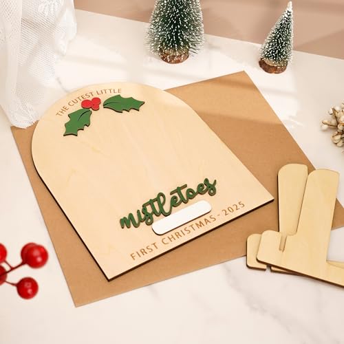 Personalized Baby’s First Christmas 2026 Wooden Mistletoes Footprint Art