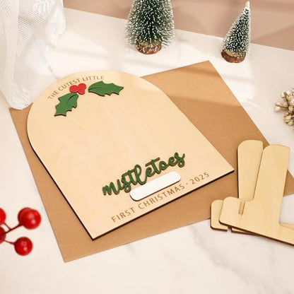 Personalized Baby’s First Christmas 2026 Wooden Mistletoes Footprint Art