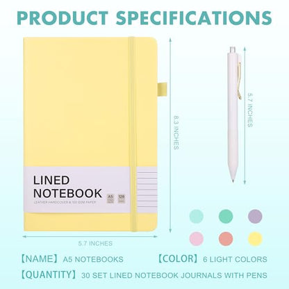 30 Set Lined Notebook Journals with Pens A5 Notebooks 100 GSM College Ruled Hardcover Notebook PU Leather Notepad with Pen Holder for Office School (60 Count)