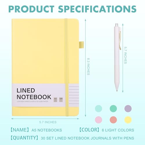 30 Set Lined Notebook Journals with Pens A5 Notebooks 100 GSM College Ruled Hardcover Notebook PU Leather Notepad with Pen Holder for Office School (60 Count)
