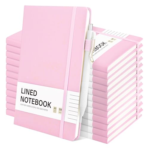 12 Set Lined Notebook Journals with Pens A5 Notebooks 100 GSM College Ruled Hardcover Notebook PU Leather Notepad with Pen Holder for Office School (60 Count)