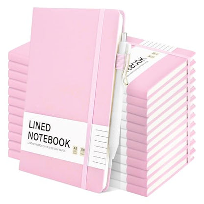12 Set Lined Notebook Journals with Pens A5 Notebooks 100 GSM College Ruled Hardcover Notebook PU Leather Notepad with Pen Holder for Office School (60 Count)