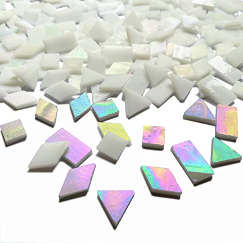 Iridescent White Glass Mosaic Tiles for Crafts (9 Ounce)
