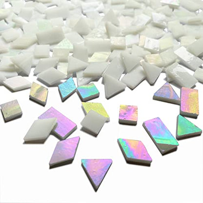 Iridescent White Glass Mosaic Tiles for Crafts (9 Ounce)