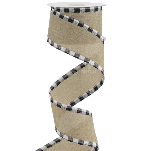 Burlap Christmas Ribbon Wired 2.5 Inch Plaid with Black and White Checkered Edging 10 Yards for Christmas Tree and Wreath Making (30 Foot)