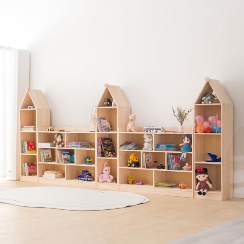 Wooden 7 Compartment Storage Cabinet Organizer Kids 3 Tier Wood Bookshelf School Storage Shelf Classroom Furniture for Kids Natural