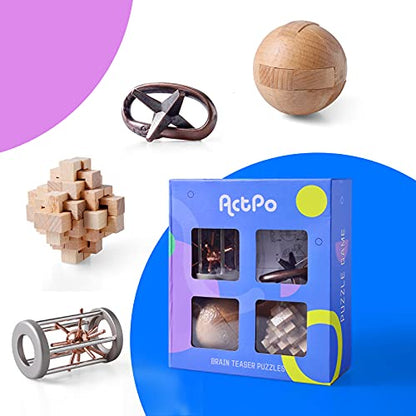 Wooden and Metal Puzzles Gift for Kids (4 Count)