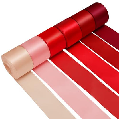 1-1/2 Inch Single-Faced Red Satin Ribbons for Crafts Gift Wrapping Wedding | 6 Rolls Assorted Ribbons for Flower Bouquet Invitations Bridal Shower Hair Bows Garland Party Decor