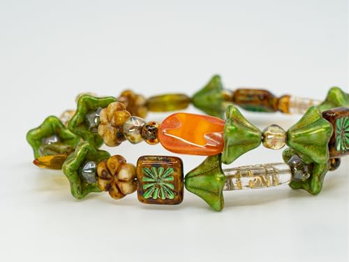 1.4oz (40g) Limited Mix of Czech Glass Beads, Hand Made Set Kit, Green Petunia Beads Orange Table Cut Beads