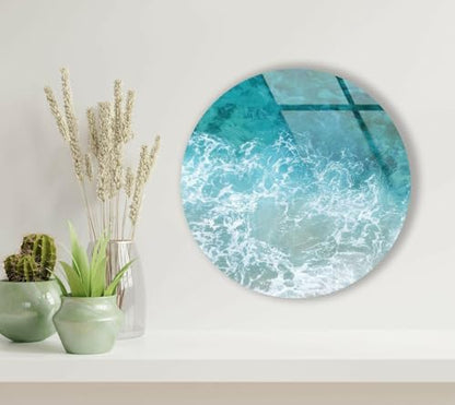 39,4''(100cm) Diameter Sea Waves Round Glass Wall Art Tempered Glass Printing Wall Decor Large Wall Art Wall Hangings