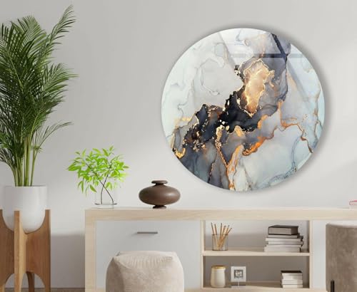15.8''(40cm) Diameter Gold Details Gray Marble Round Glass Wall Art Tempered Glass Printing Wall Decor Large Wall Art Wall Hangings