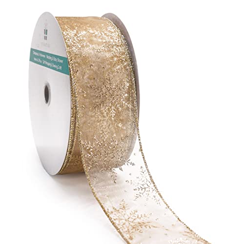 Organza with Champagne Gold Glitter Snowflakes Wired Ribbon 2.5 inch x 50 Yards for Christmas Home Decor Tree Topper Bow Gift Wrapping DIY Crafts Wreath Garland Wedding (150 Foot)