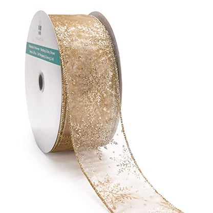 Organza with Champagne Gold Glitter Snowflakes Wired Ribbon 2.5 inch x 50 Yards for Christmas Home Decor Tree Topper Bow Gift Wrapping DIY Crafts Wreath Garland Wedding (150 Foot)