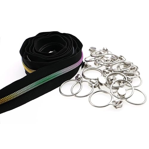 5 Rainbow Metallic Nylon Coil Zippers by The Yard Bulk 10 Yards Black Zipper Tape with 25pcs Silver Sliders for DIY Sewing Tailor Craft Bag