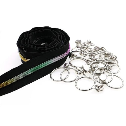 5 Rainbow Metallic Nylon Coil Zippers by The Yard Bulk 10 Yards Black Zipper Tape with 25pcs Silver Sliders for DIY Sewing Tailor Craft Bag