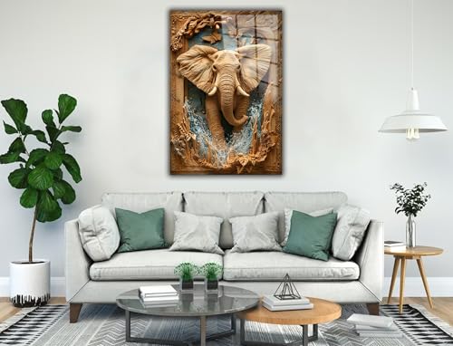 Rustic Elephant Printed Tempered Glass Wall Art Painting for Living Room