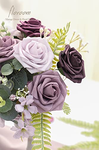 Artificial Flowers 25pcs Real Looking Plum Ombre Colors Foam Fake Roses with Stems for DIY Wedding Bouquets Bridal Shower Floral Centerpieces Party Tables Home Decorations (25 Count)